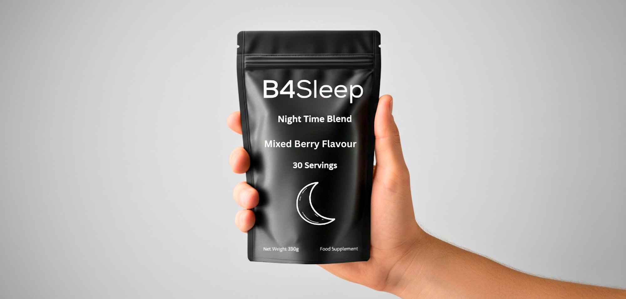 B4Sleep mixed berry night-time blend pouch held in one hand